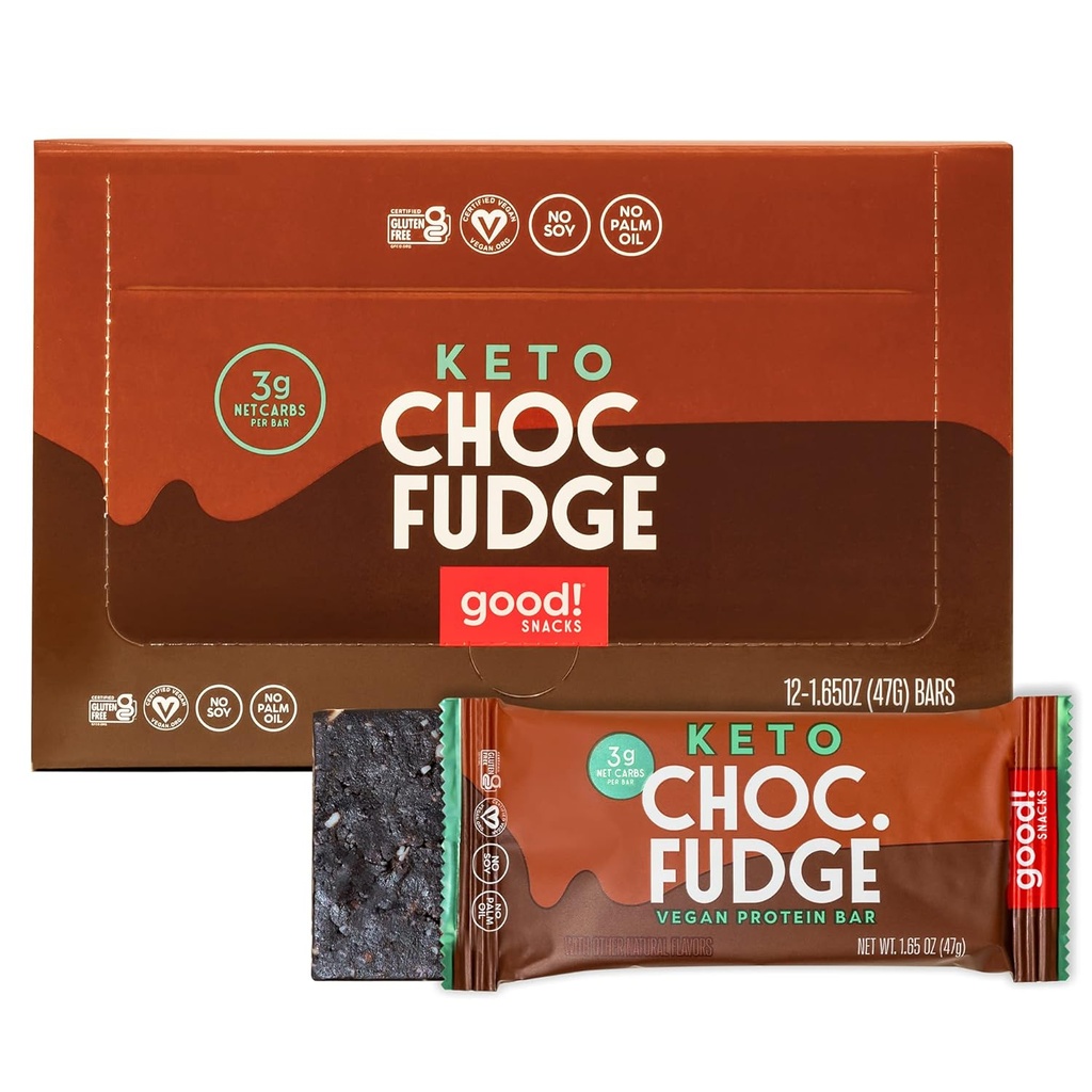Bra! Snacks Sjokolade Fudge Keto Protein Bar, Vegansk, Soja og Glutenfri, Lavt sukkermåltid Erstatning, 11g høy protein, Naturlig sunn snack, For atleter og aktive livsstiler, 3g Net Carbs, 12 Bars