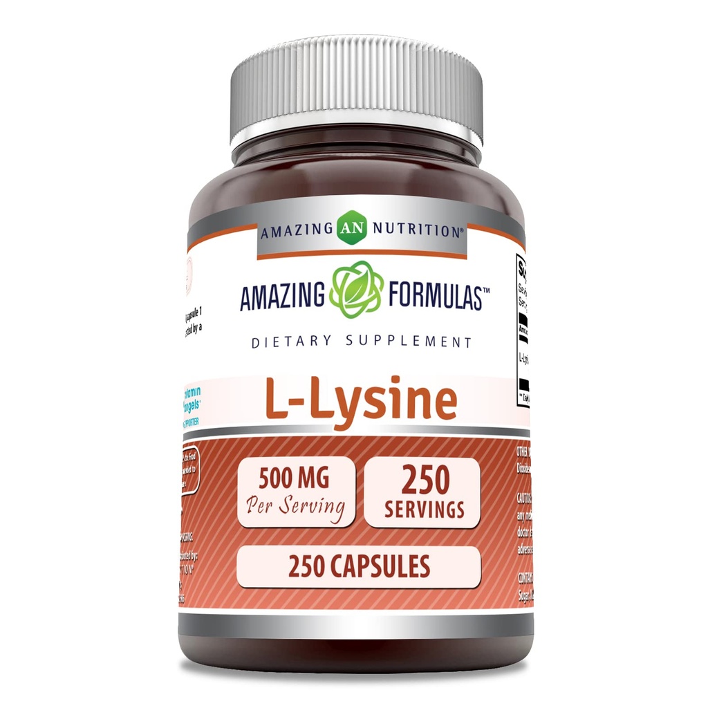 Amazing Formler L-Lysine 500 Mg Aminosyre Supplement | Kapsler | Ikke-GMO | Glutenfri | laget i USA (1 pakke | 250 Count)