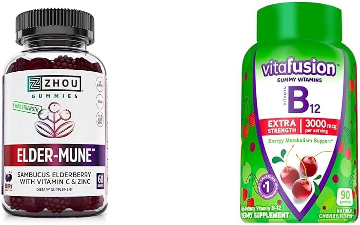 ZHOU Ernæring Elderbær Gummies Immune Support Bundle med Vitafusion vitamin B12 Gummies Energimetabolisme Støtte, 60 og 90 greve