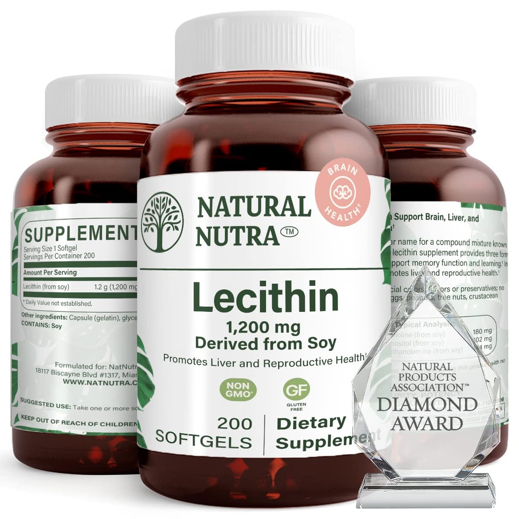 Naturlig Nutra Soya Lecithin 1200 mg kosttilskudd - Hjernefunksjon, lever helse, forbedre procreent helse, økende kosttilskudd - Glutenfri, BPA-fri, 200 Softgels i resirkulerbare glassflasker