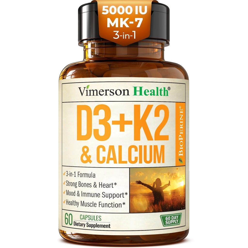 Vitamin D3 K2 Supplement – All-in-1 Støtte for immun-, bein- og hjertehelse med vitamin D + vitamin K (som MK7) – K2 D3 (5000 IU) vitamin Supplement med svart pepper for maksimal absorpsjon, 60 Kapsler