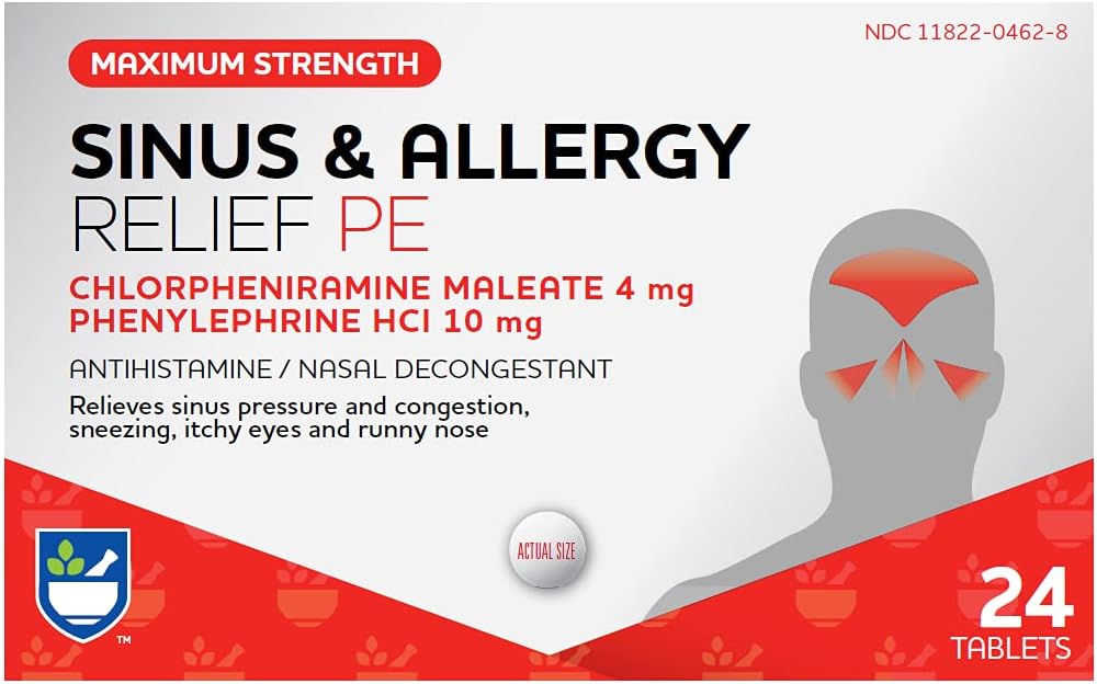 Ritthjelp Sinus & Allergi relief PE-tabletter, maksimal styrke- 24 greve | Antihistamin og nasal dekongestant | 4 timers allergi medisinering | Allergi og kongesjon relief