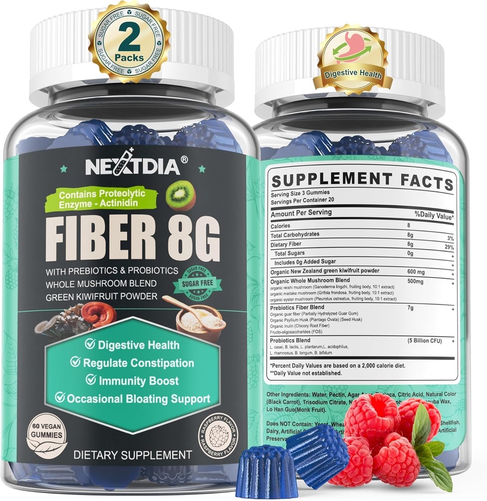 Sukkerfri Prebiotiske Fiber Supplement for kvinner og menn ® 8G høy fiber gummier med moshroom, Psyllium Husk, Digestive Enzymes, Guar Gum, Inulin til å støtte Gut & Digestive Helse |120 Vegan Gummies