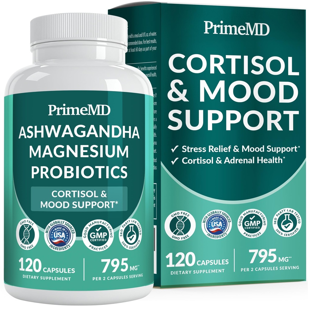 5-i-1 Cortisol Supplement for kvinner og menn med Ashwagandha for ro, fokus og adrenal støtte Supplementer med Shilajit ekstrakt, magnesiumglycinat, probiotika (120 ct) (Pack of 1)