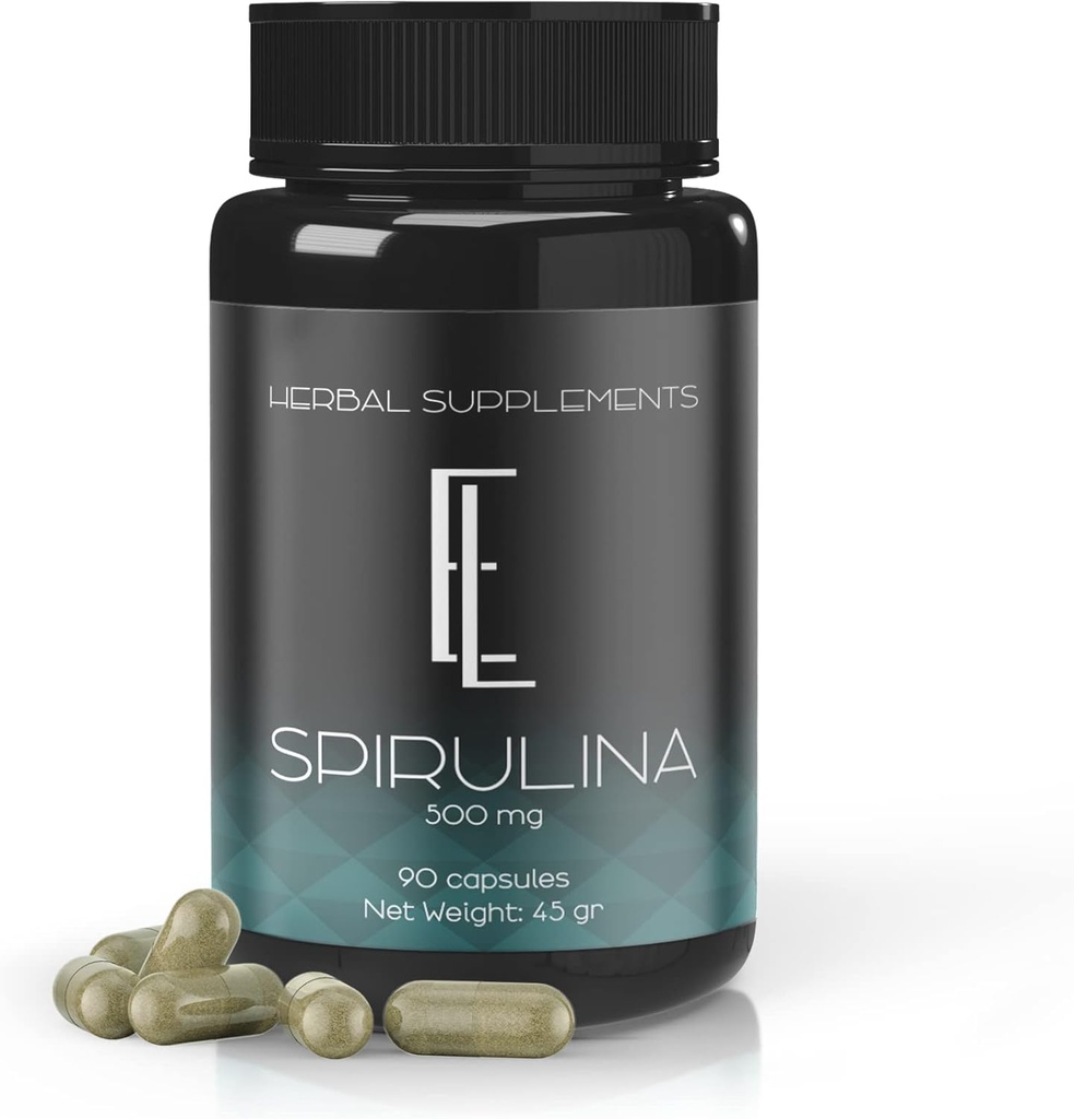 Enchanted Living Spirulina Kapsler - 90 x 500 mg, høy potens Plant-basert Supermat, Kosttilskudd, Ikke-GMO Grønnsaker Cellulose Veganske Vennlige kapsler