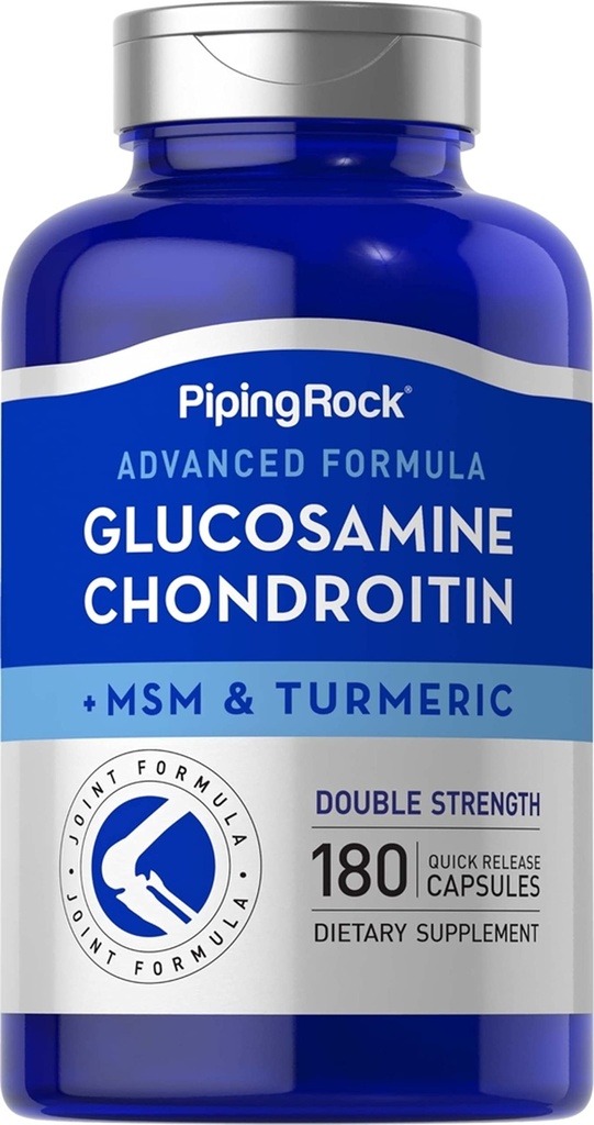 Piping Rock Glucosamine Chondroitin MSM og gurkemeie | 180 kapsler | Complex Supplement | Avansert Dobbel styrke Formel | Ikke-GMO, Glutenfri