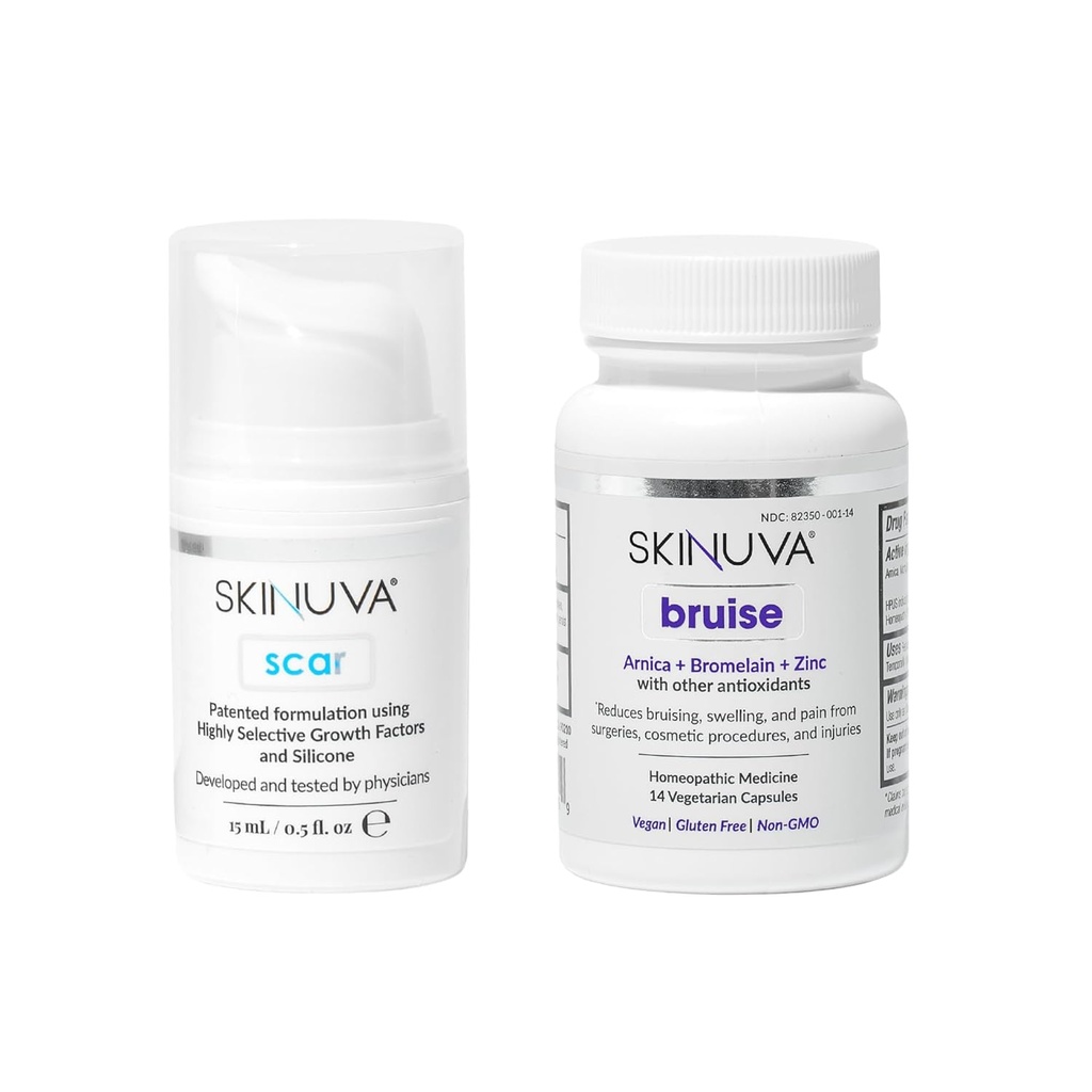 Skinuva® Scar (0,5 oz) & Bruise (14 kapsler) - Avansert silikonkrem formet med vekstfaktorer og homøopatisk Bruise Remedy Formulert med Arnica, Bromelain & Zink