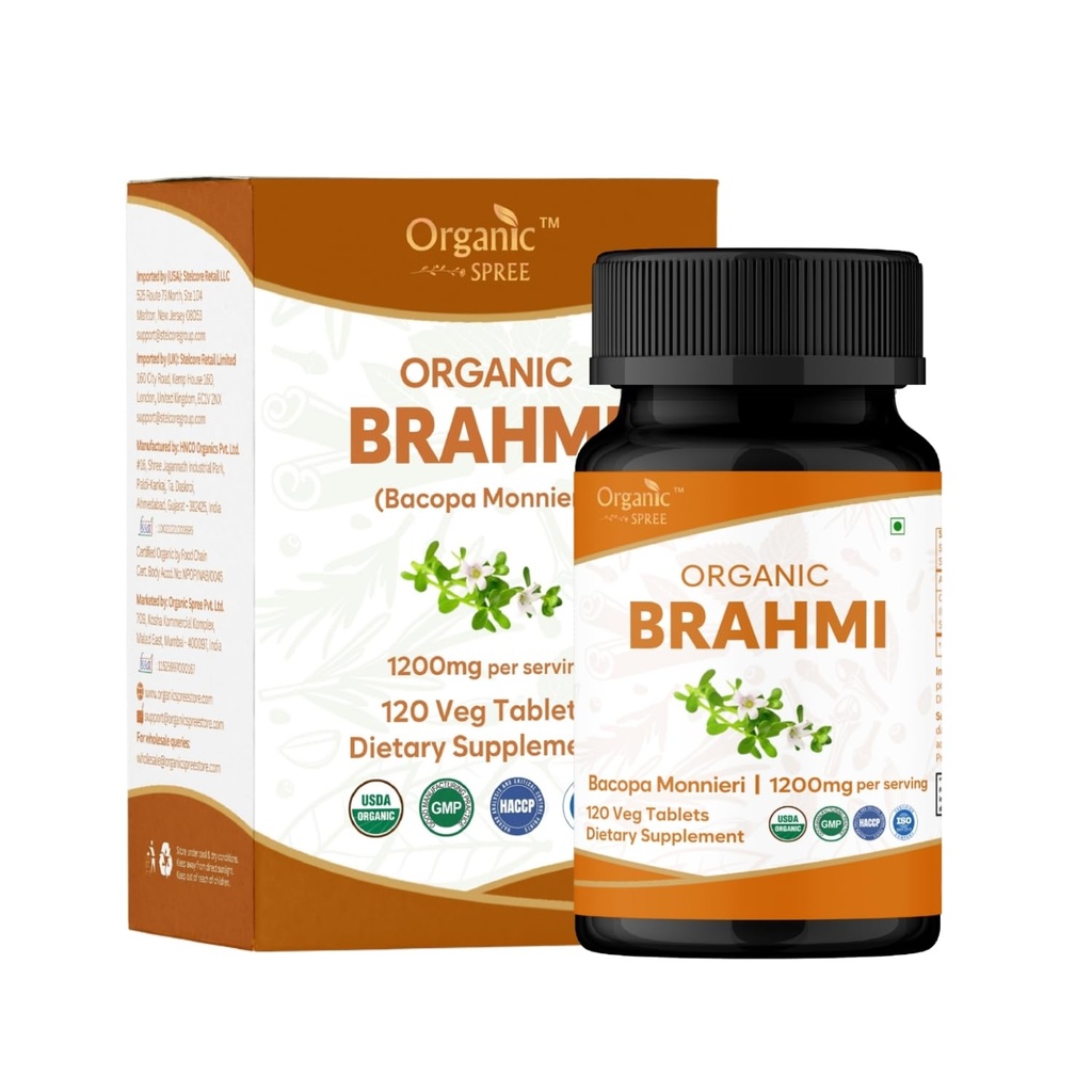 Brahmi 120 Tabletter – USDA Organic Bacopa Monnieri Supplement – Støtter fokus, ro og minne – Herbal Nootropic*