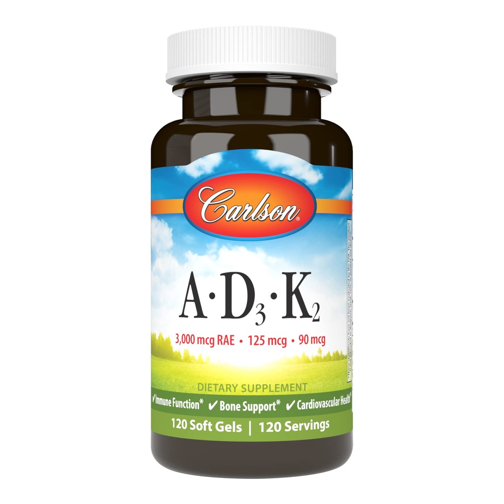 Carlson - vitaminer A, D3, K2, 3000 mhg RAE Vitamin A, 125 mht. vitamin D3, 90 mht. vitamin K2 som MK-7, Bonebygging, Kalsiumforbruk, 120 mht. myke geler
