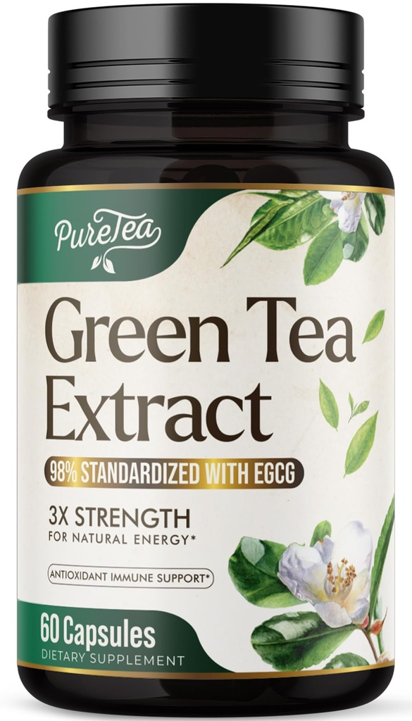 Green Tea Extract Capsules 1000mg med 45% EGCG & 98% Polyfenoler for hjerte støtte med antioksidanter - 3X Absorpsjon Grønn Te piller Supplement for naturlig energi, Gentle koffein - 60 Kapsler