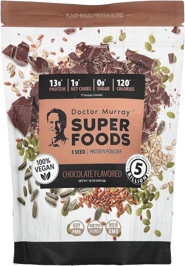 Dr. Murray's Super Foods, 3 frøprotein pulver, Pumpkin + Flax + solflower, sjokolade, 16 oz (453,5 g)