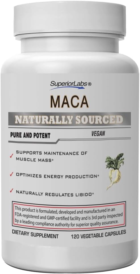 Superior Labs - Organic Peruvian Maca - 100% ren ikke-GMO - Diett Supplement for beroligende og avslappende - Zero Syntetiske tilsetningsmidler, Stearater, Dioksider - 750mg, 120 Grønnsaker Kapsler