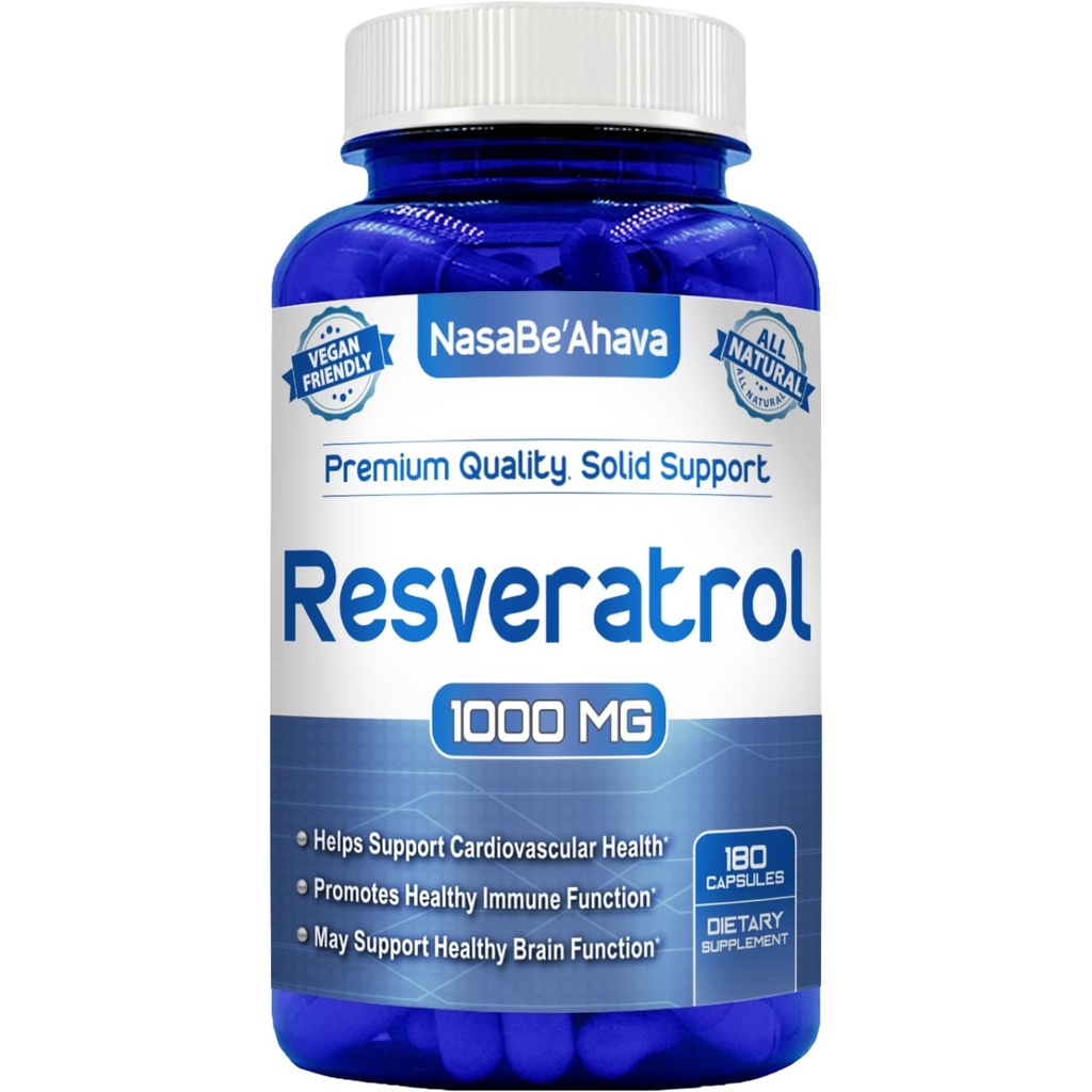 Resveratrol 1000mg Kapsler | Vegansk Vennlig Resveratrol Supplement fra lett absorpsjon Antioksidant Japansk Knotweed for hud hjerte og hjerne støtte | Laget i amerikansk cGMP fasiliteter (90 dagers forsyning)