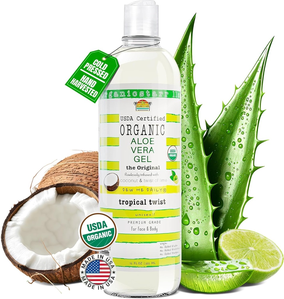 USDA Certified Organic Aloe Vera Gel 12 oz - 100% ren, kald presset, håndhøstet, infisert med kokosnøtt, lime & verbena essensielle oljer, kjemisk-fri - hud og hårpleie, laget i USA