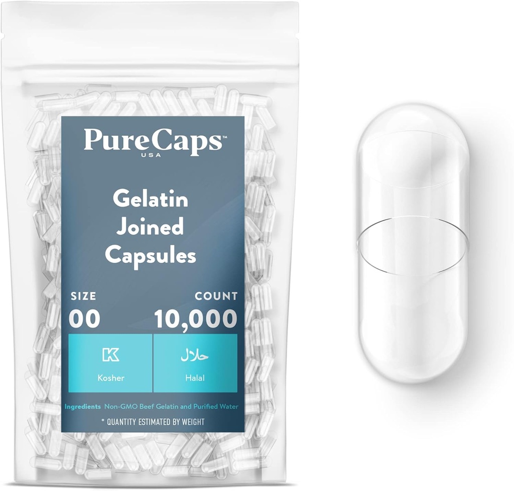 PureCaps USA - Tomme Gelatin Capsules Størrelse 0|10 000 Registrert ikke-GMO SLS, Gluten, Preservativ Gratis