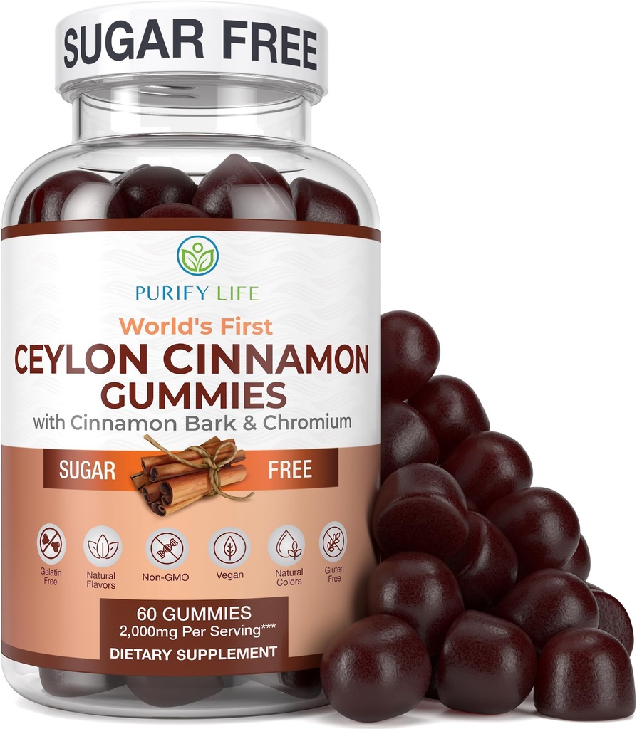Sugar-fri Ceylon Cinnamon Gummies (2.000mg/Serving) Ceylon Cinnamon Supplement for Hjernehelse, Vegan, Glutenfri, Bytt Ceylon Cinnamon Capsules, Piller, pulver, ekstrakt (60 Chews)