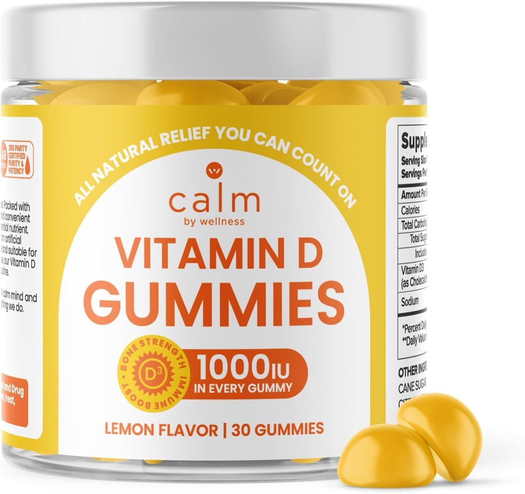 Calm by Wellness Vitamin D Gummies for voksne, vitamin D3 Gummy, vitaminer for bein og immunsystem støtte, sitron flavor, 30 greve