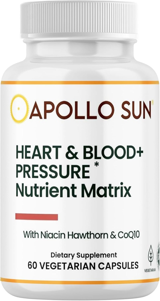 APOLLO SUN Heart og Blood + Pressure Supplement Næringsmatrise med Hawthorn Extract, Niacin og COQ10, 60 Vegetariske kapsler
