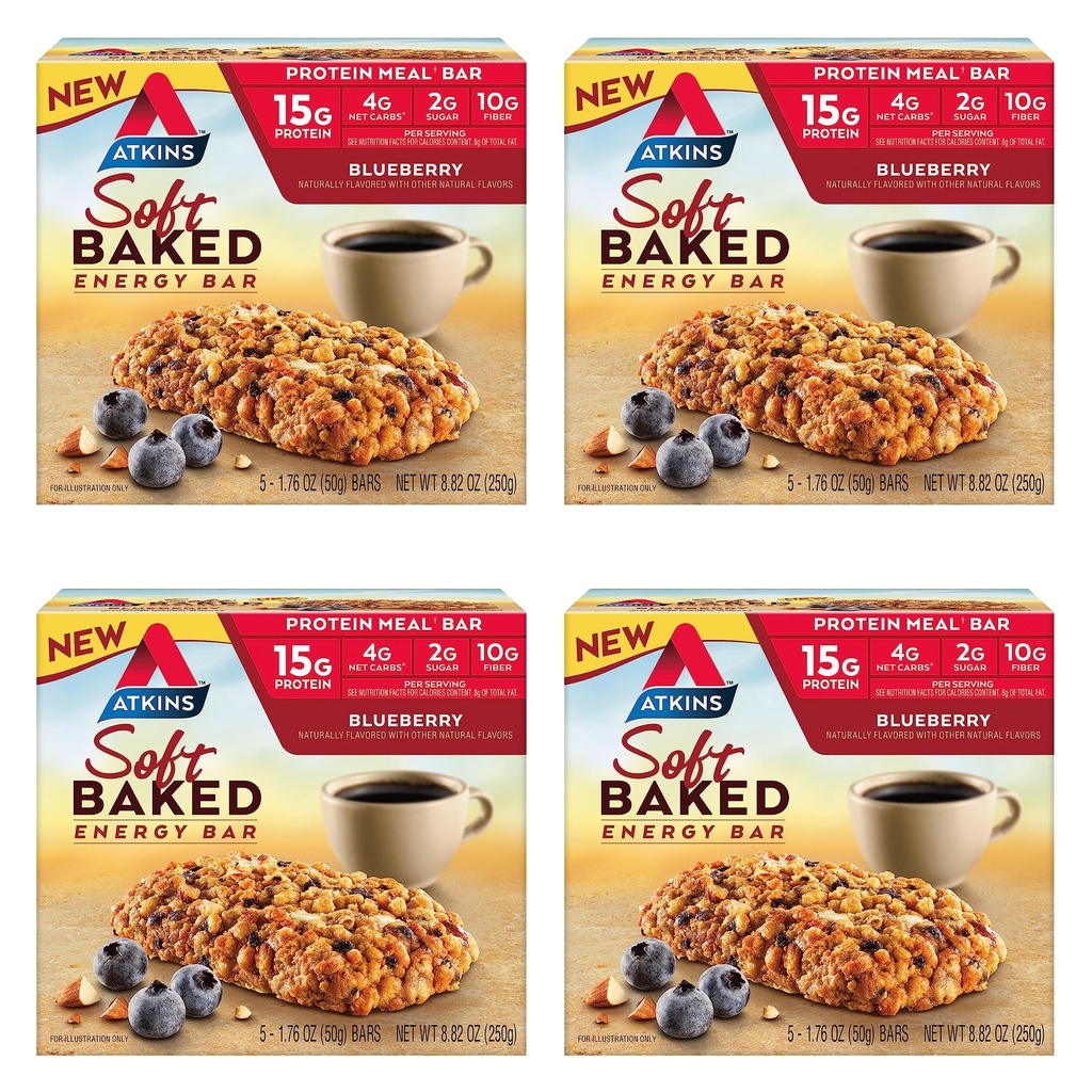 Atkins Blåbær Flavored Myk Baket Energi Bars, Høyt i Protein Snack Bar, Lavt sukker, høy fibersnack, Protein Snack, 4 Pakker (4 Bars Hver)