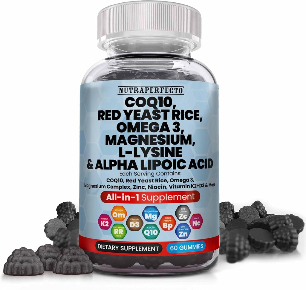 L-Lysine Coq10 Alpha Lipoic Acid Gummies rød yeast ris magnesium gummy for voksne og barn - Aminosyre kosttilskudd Omega 3 Niacin sink vitamin K2 D3 B3 - vitaminer for kvinner og menn - 60 Gummy bjørne