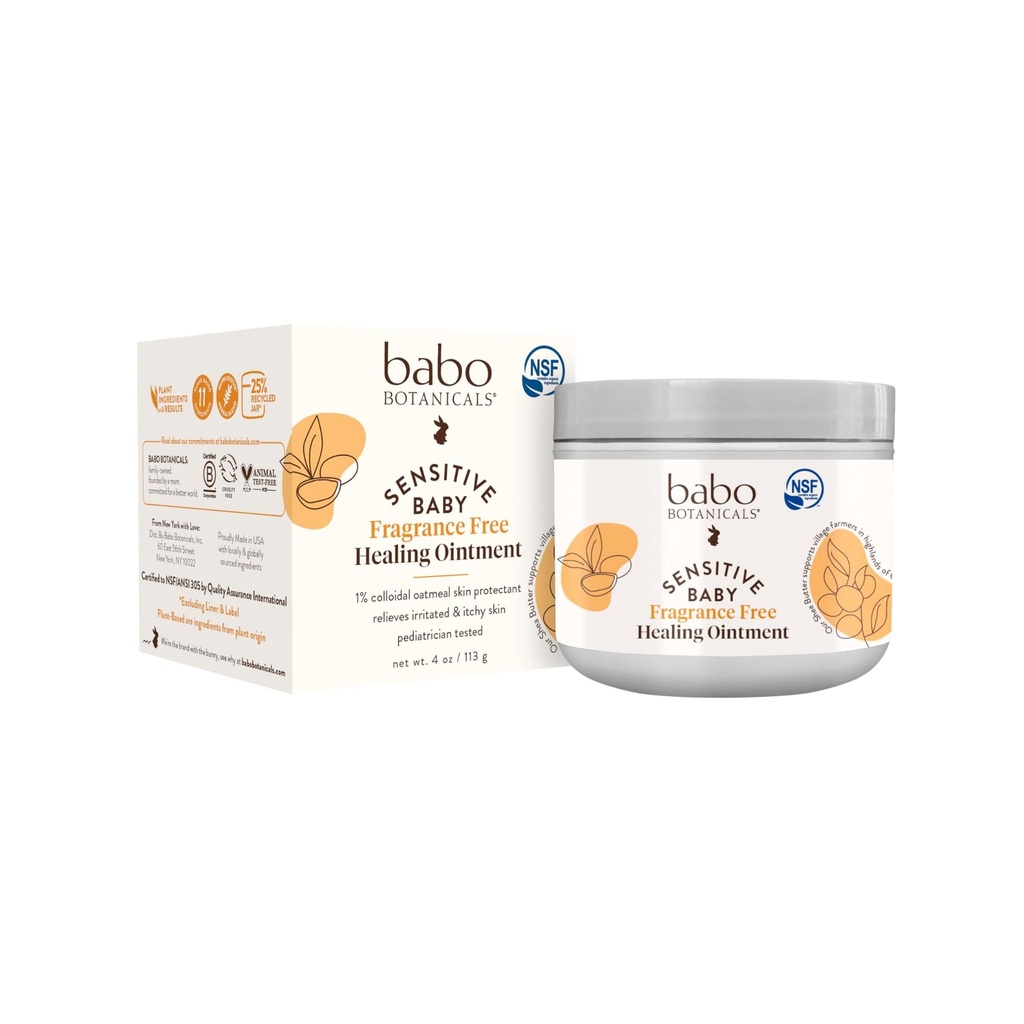 Babo Botanicals Sensitive Baby Fragrance-Free All Naturlig Healing Ointment - 99% Organic & 1% Colloidal Oat - Steroid-Free - NSF Certified - For Eczema, Irritert / kløe hud - Ansikt, Kropp, Diaper Area