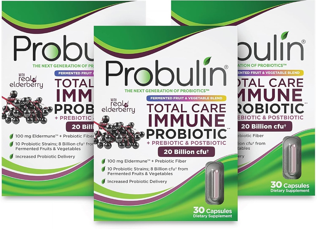 Probulin Total Care Immune = Prebiotika + Probiotika + Postbiotika + Elderbær for å støtte Immun & Gut Health - 20 milliarder CFU - 10 Strains - 30 Vegan Capsules (Pack of 3)