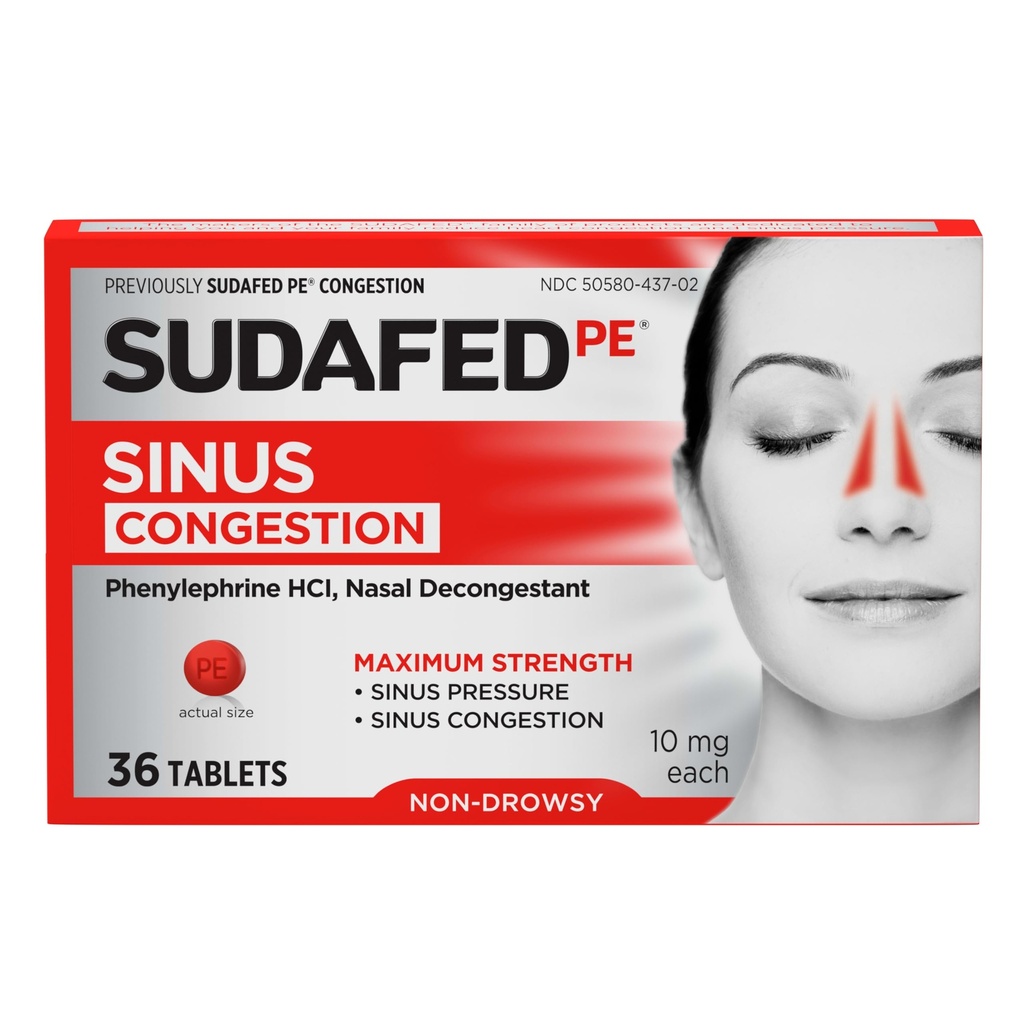 Suafed PE Sinus Congestion Relief Tabletter, maksimal styrke, ikke-Drowsy 10 mg Phenylephrine HCI Decongestant for Sinus Pressure & Nasal Congestion Relief, på grunn av kalde eller allergier, 36 ct
