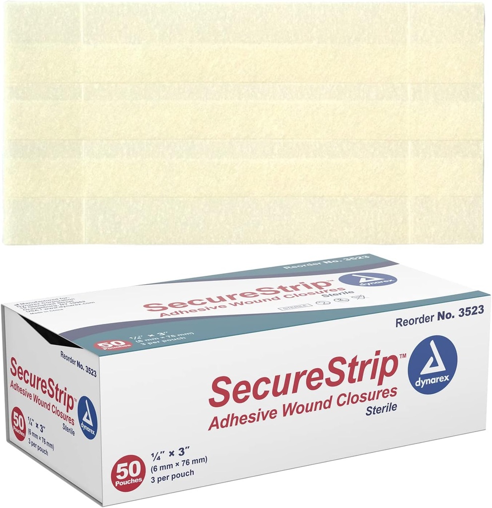 Dynarex sårlukking Strips - Sterile, gir sterile støtte til små kutt og hud med suturer, stabler, og stifter og etterpleie, hvit, 1/4\" x 3\" - 1 boks 50 strimler