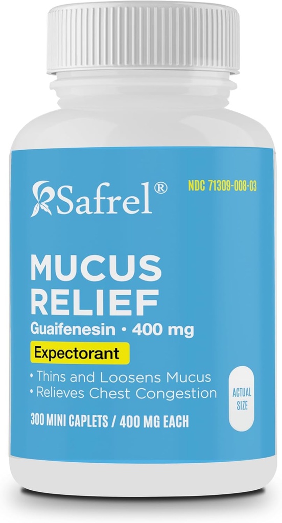 Safrel Pharma Mucus Relief Guaifenesin 400 mg - Hurtigvirkende Forventning, Thins og Loosens Mucus, lindrer Chest Congestion, Cough, Cold og influenza | (300 greve (Pack of 1))