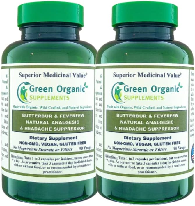 Grønne organiske kosttilskudd Butterbur, Feberfew, Analgesisk, Smertestillende, & hodepine Suppressor, 90 VCaps, høy absorberbar, ikke-GMO, Glutenfri (Pack of 2)