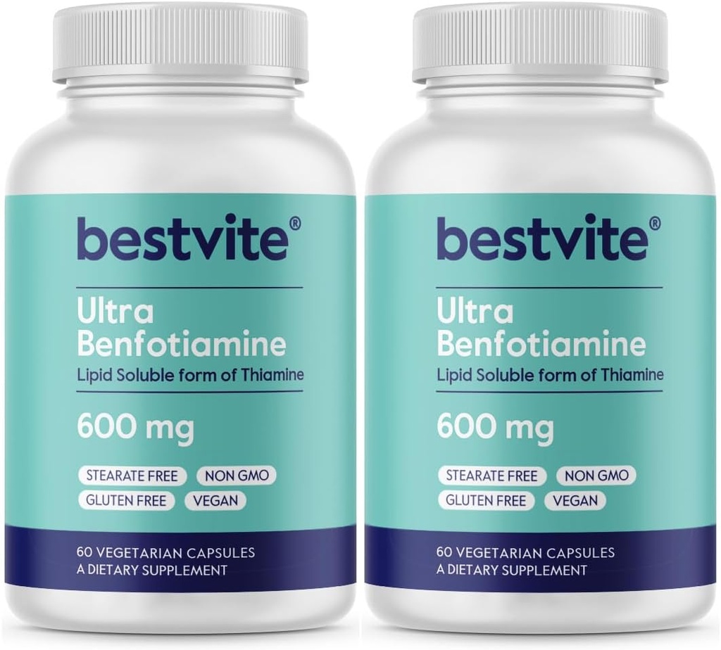 Ultra Benfotiamine 600 mg per kapsel (120 vegetariske kapsler) (60x2) Ingen stearates - Ingen siliciumdioksid - Vegan - Ikke GMO - Glutenfri - Maksimal styrke Benfotiamin