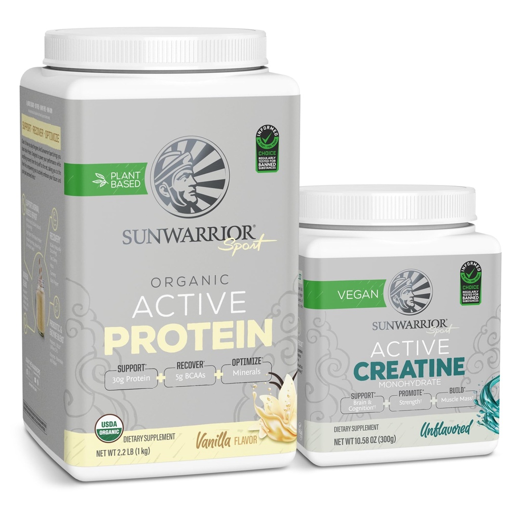 Sunwarrior kreatin pulver og vanilla aktiv organisk protein pulver sett | Bundle & Lagre | Vegansk protein Plus uovertruffen kreatinmonohydrat (60 serverer uovertruffen, 20 serverer vanilla)