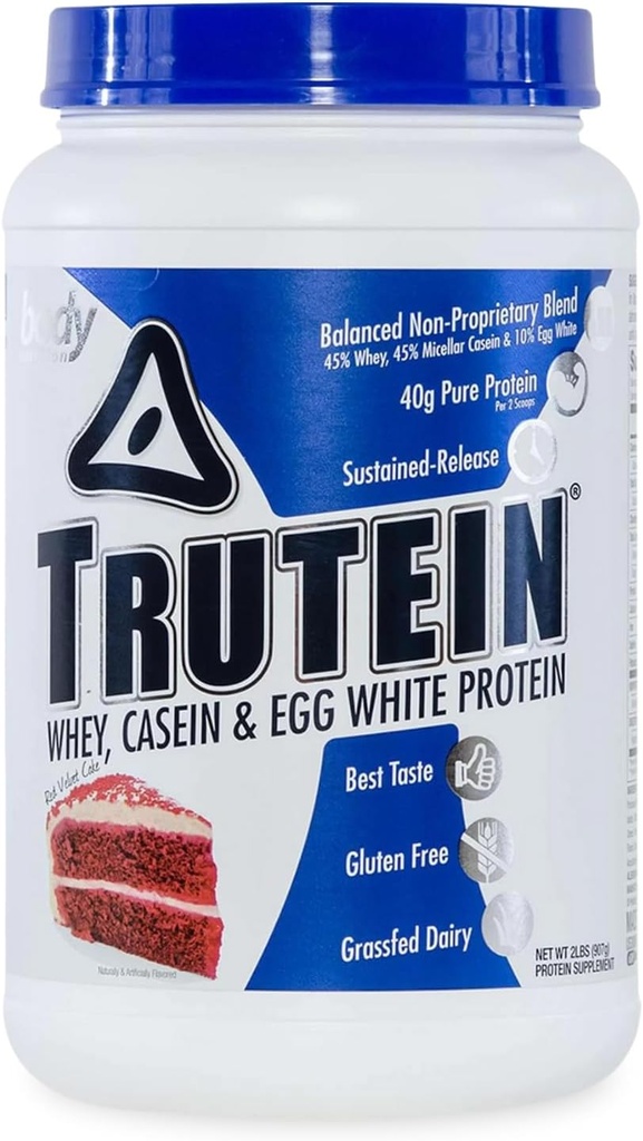 Body Nutrition Trutein High Protein pulver: 45% Whey, 45% Casein, 10% Egg Hvit, Glutenfri, Lav Natrium, Grass Fed Whey Protein pulver, Gym Supplement & Frokost Shake, Rød Velvet Cake, 2lb