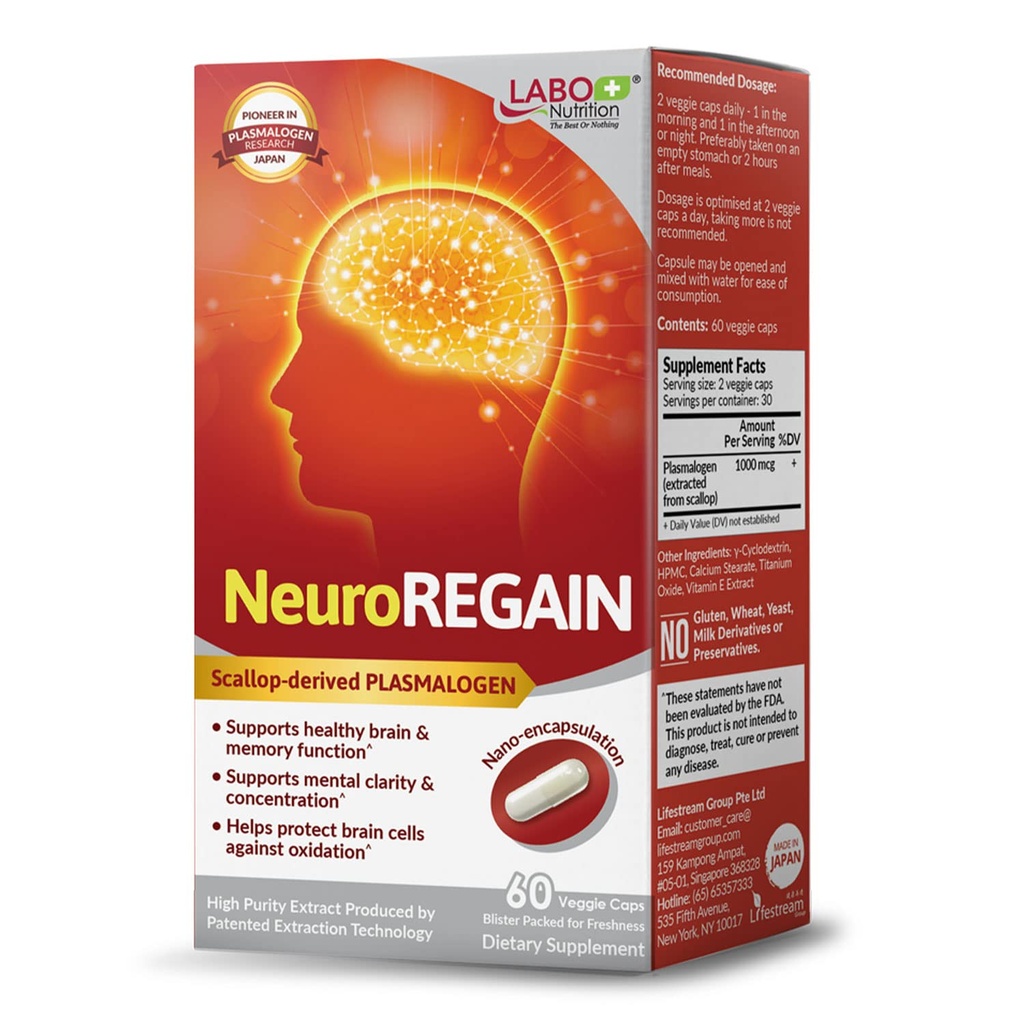 LABO Nutrition Neuroregain - Scallop-avledet PLASMALOGEN for hjerneforvrengning, minne, årvåkenhet, læring, konsentrasjon og andre kognitive funksjoner – egnet for eldre, voksne menn og kvinner