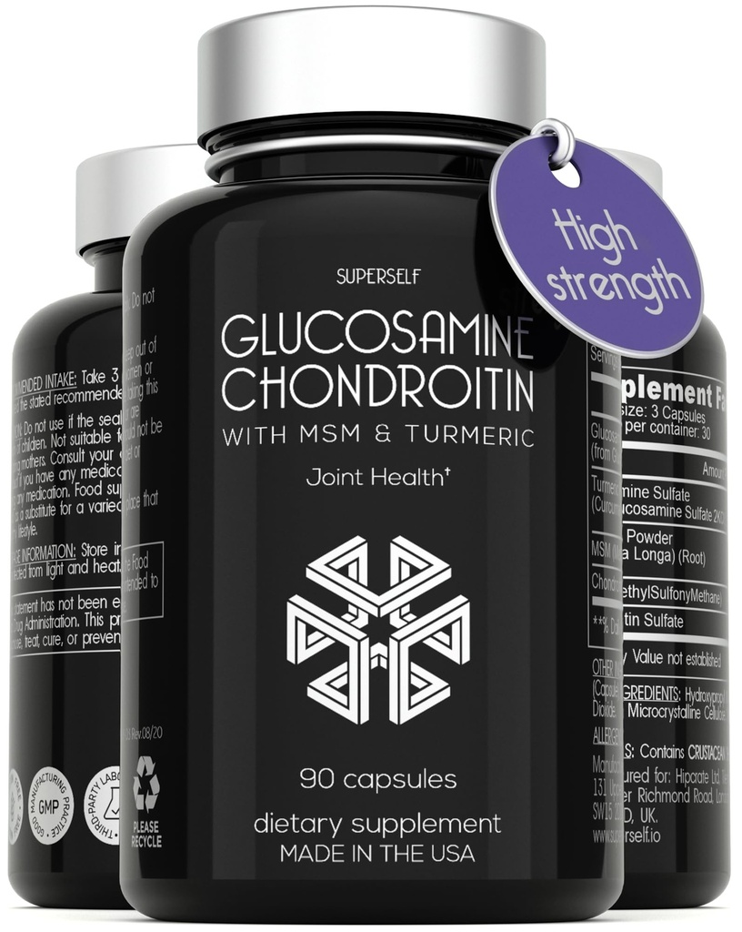 Glukosamine Chondroitin MSM med gurkemeie - høy styrke felles støtte Supplement for voksne menn og kvinner - 90 kapsler - 1500mg glukosaminsulfat per servering