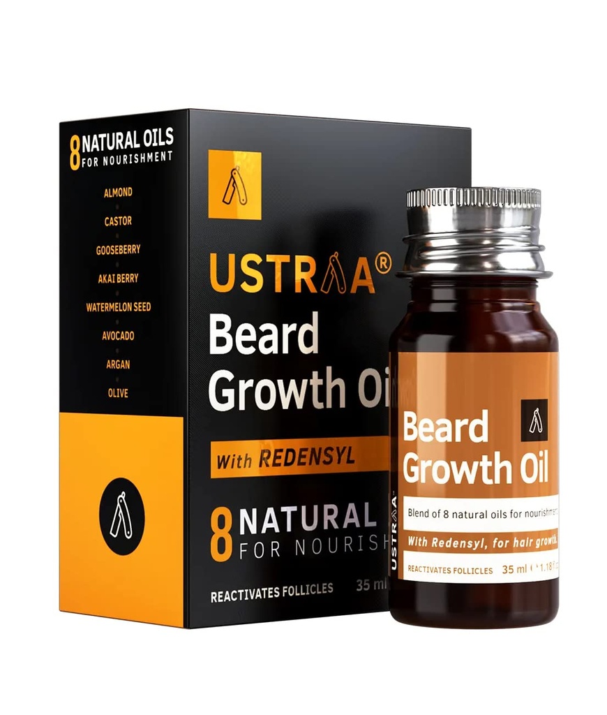 USTRAA Beard Growth Oil - 1.18 Oz - Mer Beard Vekst, Med Redensyl, 8 naturlige oljer inkludert Jojoba olje, vitamin E, nourishment og styrke, Ingen skadelig kjemikalier