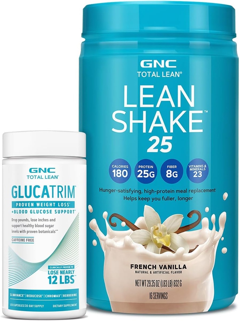 GNC Total Lean GlucaTrim - 120 Kapsler (60 Serveringer) + GNC Total Lean Shake 25 Protein pulver | høyprotein måltid utskiftningsshake | fransk vanilla | 16 serveringer