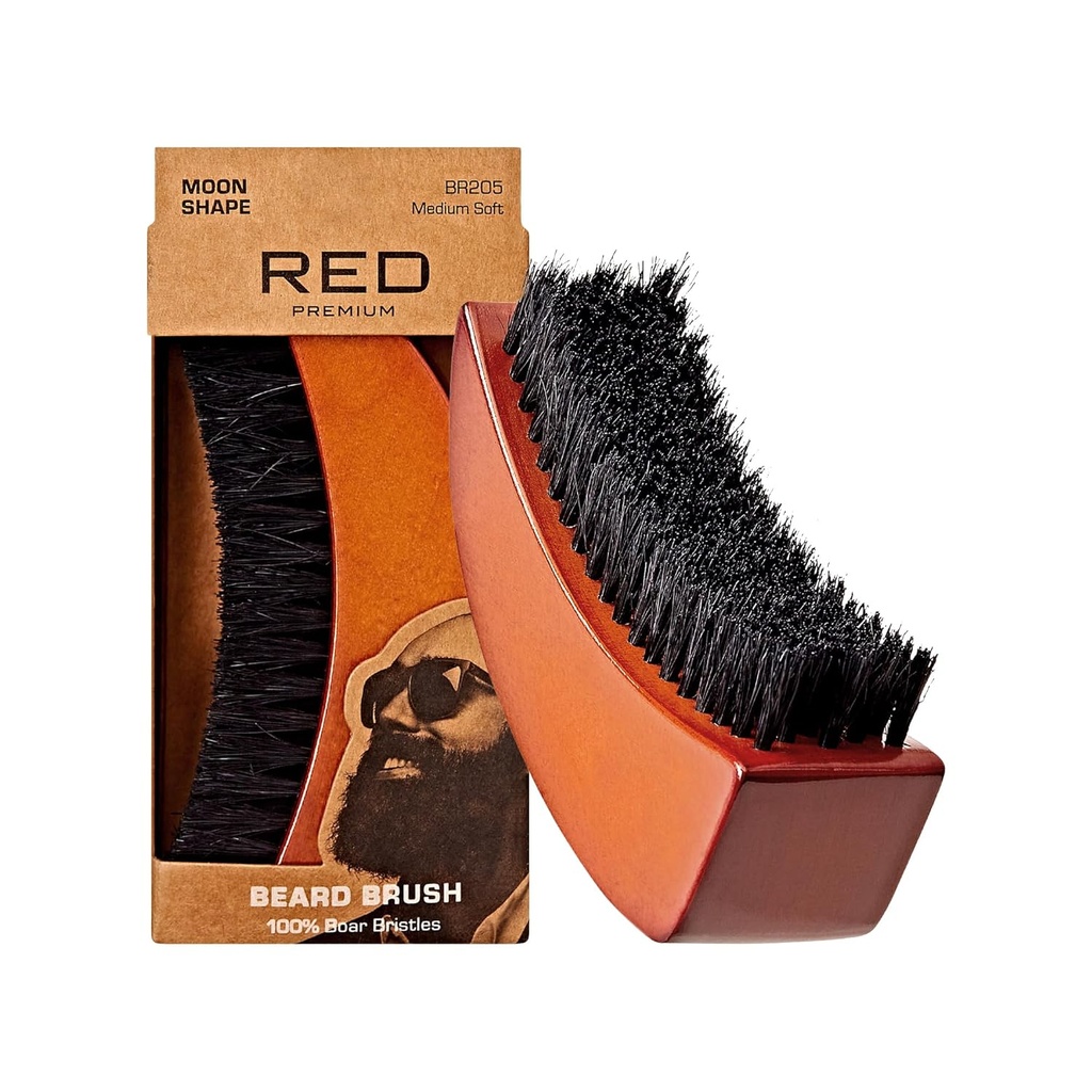 RED by Kiss Skjeggbørste med 100% naturlig borebriller for menn, Premium trebørste, Beards Mustaches Grooming Shaving Comb, Tame og Soften Ansiktshår (MOON SHAPE)