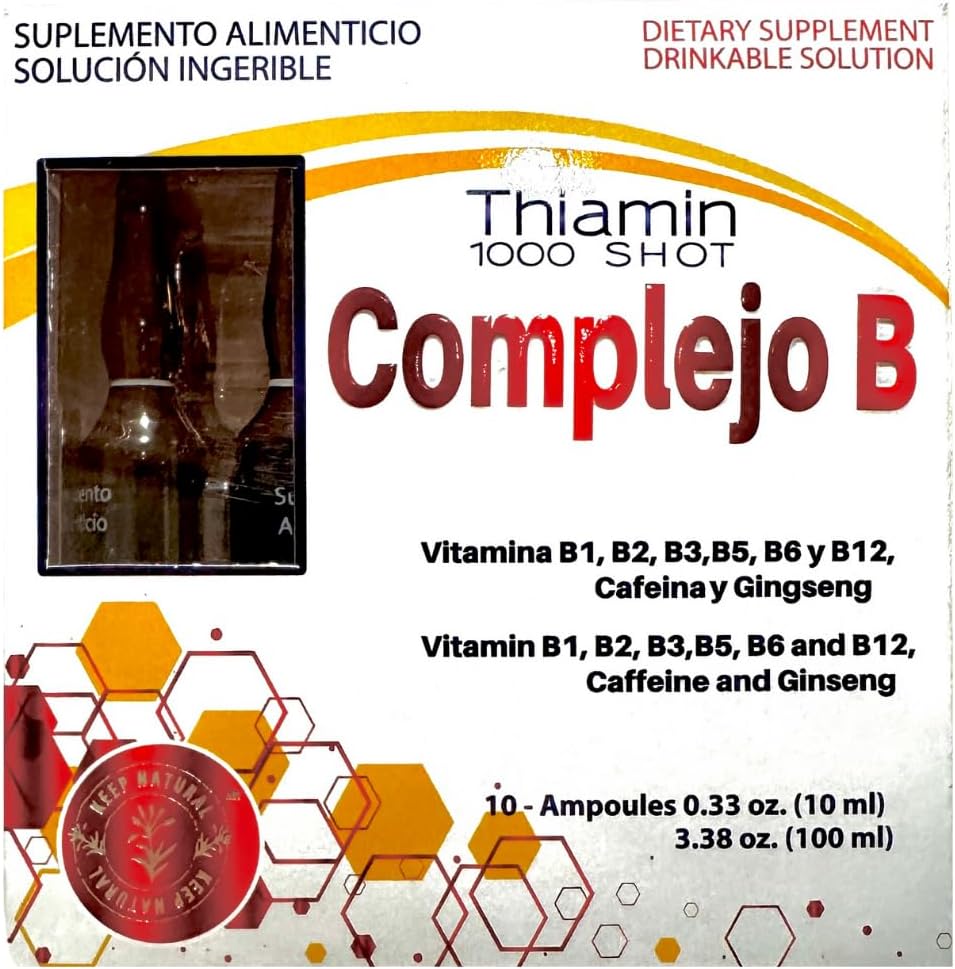 B-kompleks, Complejo B 1000 Shot | Multi-Vitaminer, koffein og Ginseng | Box med 10 ampouler av 10 ml energi, kognitiv funksjon, og Metabolsk helse øke.