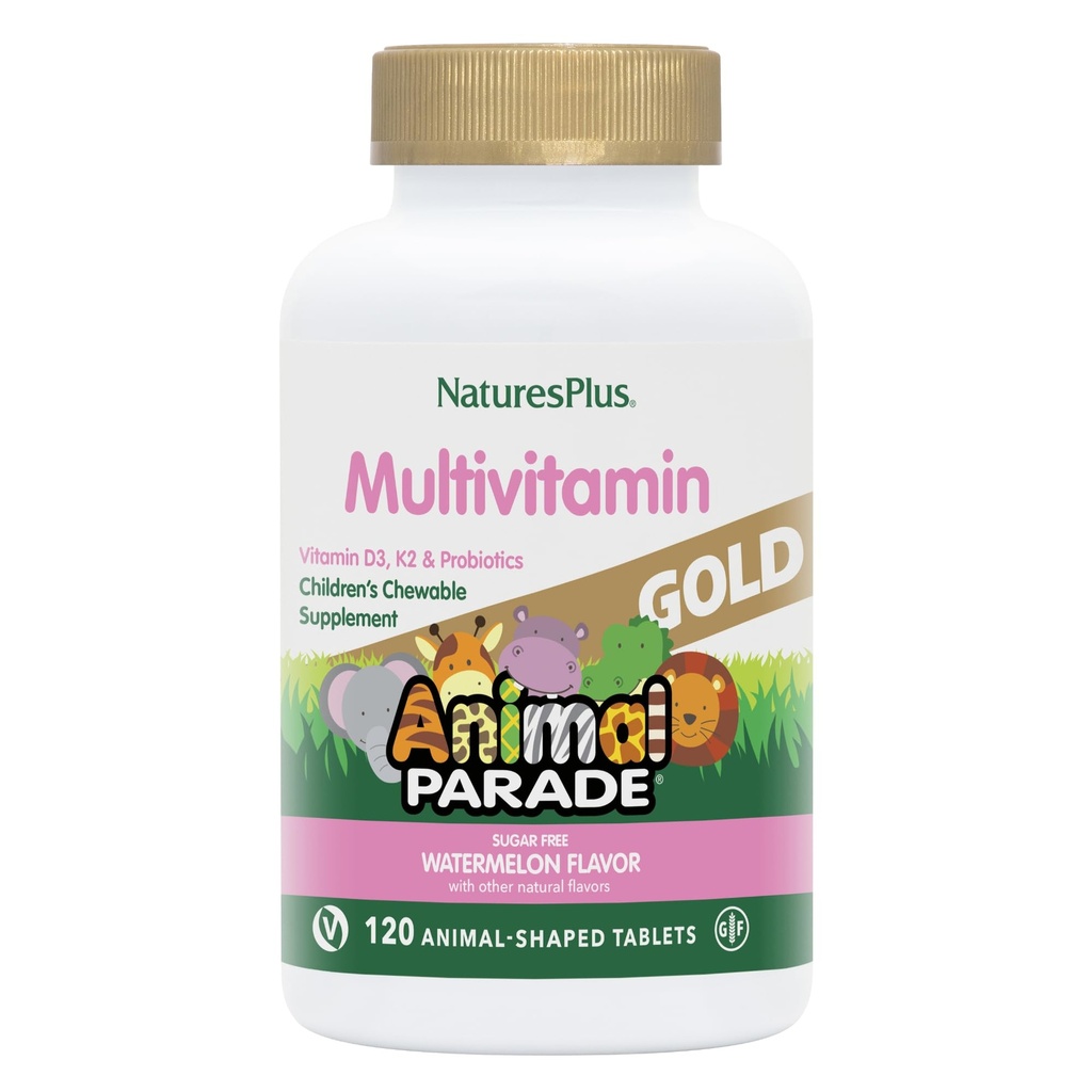 NaturesPlus Dyr Parade Gull Multivitamin Barne Chewables - Vannmelon Flavor - 120 Animal-Shaped Tabletter, Pakke med 2 - vitamin D3, K2 & Probiotika - Vegan, Glutenfri - 120 Total Services