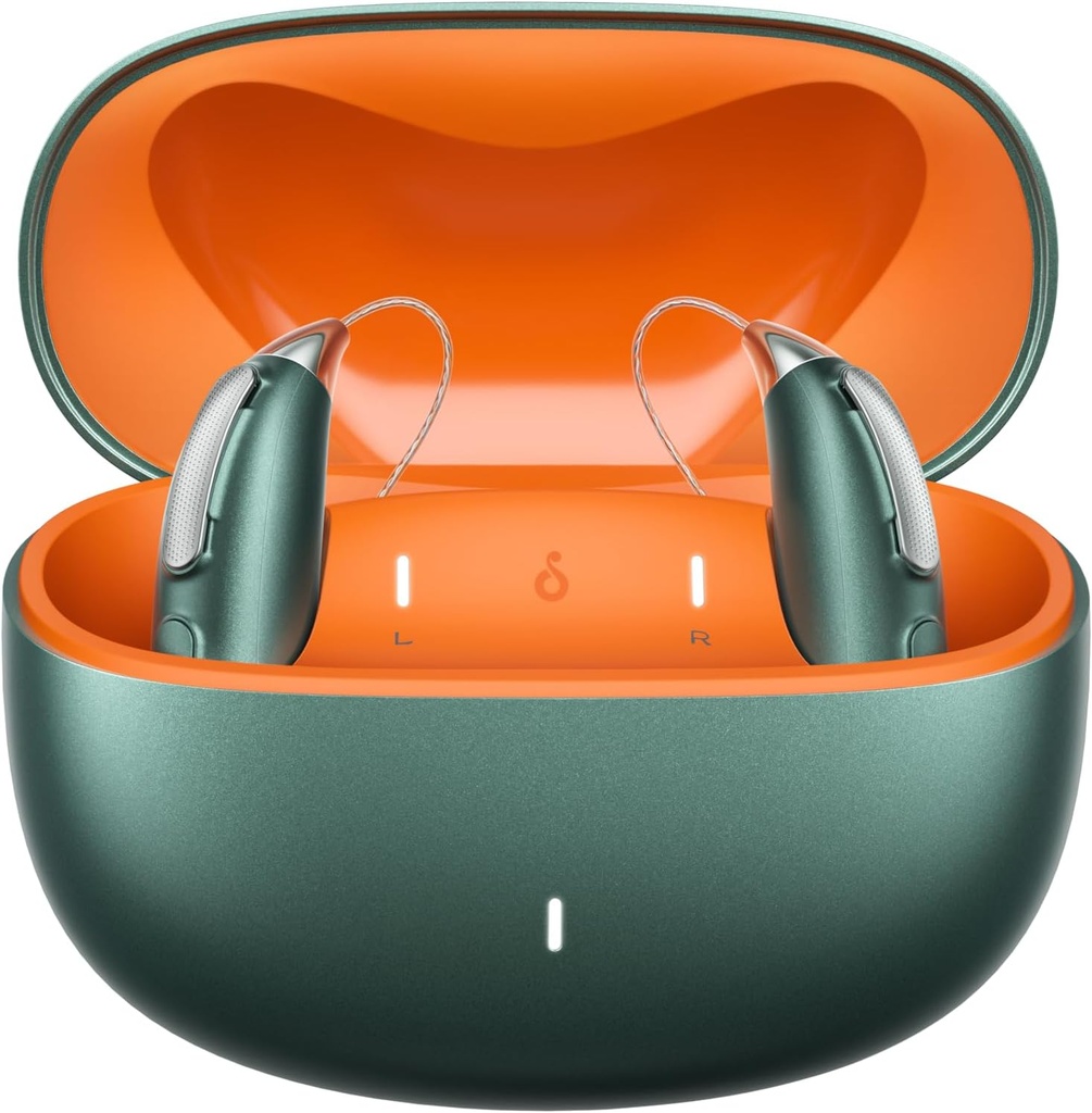 Oppladbare Bluetooth høreapparater for mild til alvorlig hørselstap - OTC - Smart Montering - RIC (Receiver-i-kanal) Design med støyreduksjon - Inkluderer ladeboks, grønn