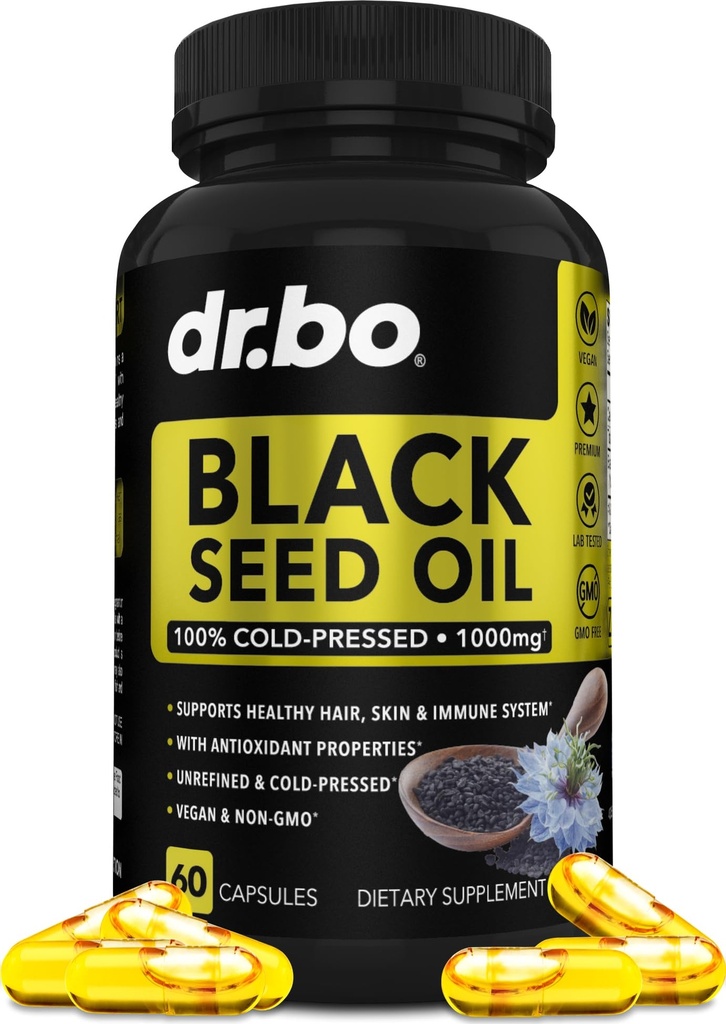 Svart Seed Oil Capsules Vegan - ren kald presset svart frø olje Nigella Sativa Cumin for hud og hår helse, 500 mg, 1000mg per 2 Capsule servering svartfrø flytende kapsler Halal - 60 Softgels piller