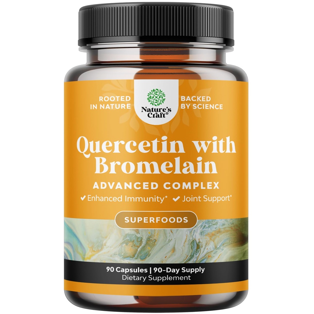 Pure Quercetin med Bromelain Supplement for immunhjelp - Høy Potent Quercetin 500mg Kapsler med Bromelain for immunstøtte og puste - ernæringsmessig pustesupplement - 90 Ct