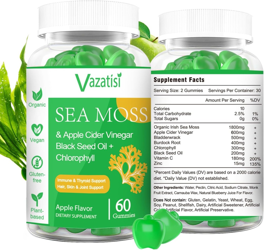 2 Pack Organic Irish Sea Moss Gummies med svart frøolje, klorofyll - Thyroid, Mood, Energi & Immune Support - kvinner og menn, voksen og barn - 120 Vegan Gummies