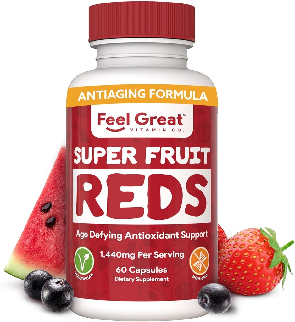 Feel Great Vitaminer Superfrukt Røde – Antioksidant Supermat med polyfenoler for anti-aldring og immunstøtte – Acai, Mangosteen, Pomegranat, Blåbær og mye mer – 60 Kapsler