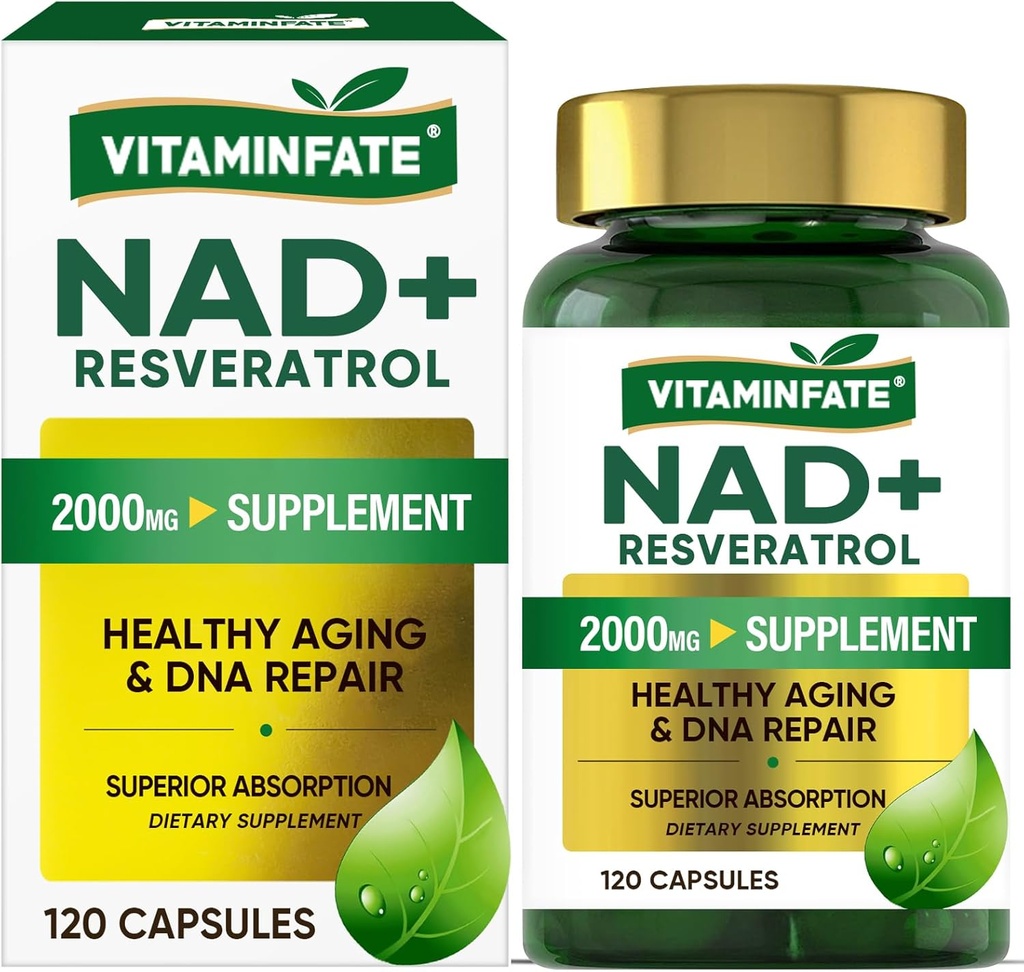 NAD + Supplement 2000 mg - 120 Kapsler True NAD + & Resveratrol, NMN Alternative støtter Anti-Aging, Cellular Energy & Repair, Metabolisme og hjernen Boost for menn og kvinner