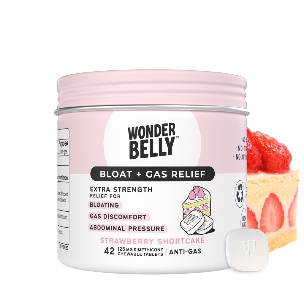 Wonderbelly Bloat + gass relief, ekstra styrke Chewable tabletter, med 125 mg simetikon, ingen Talc eller Dye, Jordbær Shortcake, 42 greve