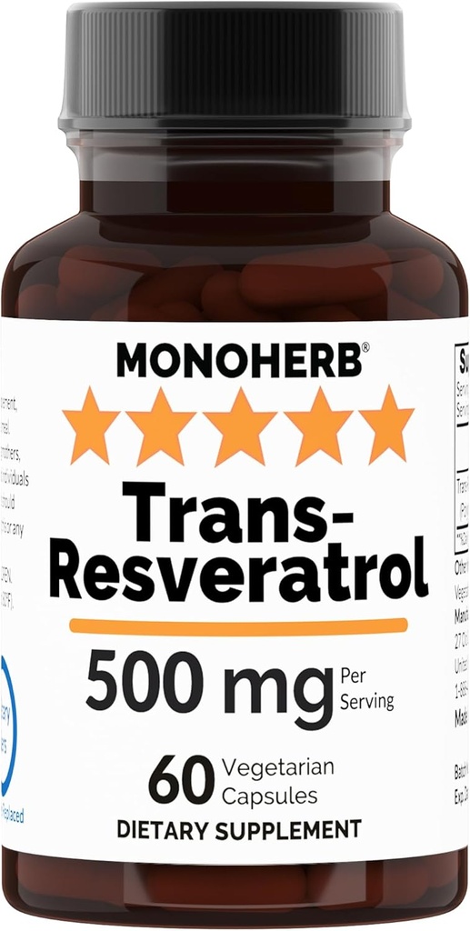 Trans Resveratrol 500 mg - 60 Veg Kapsler | 250 mg per kapsel - Servering Størrelse 2 Kapsler: 500 mg - 30 Tjenester