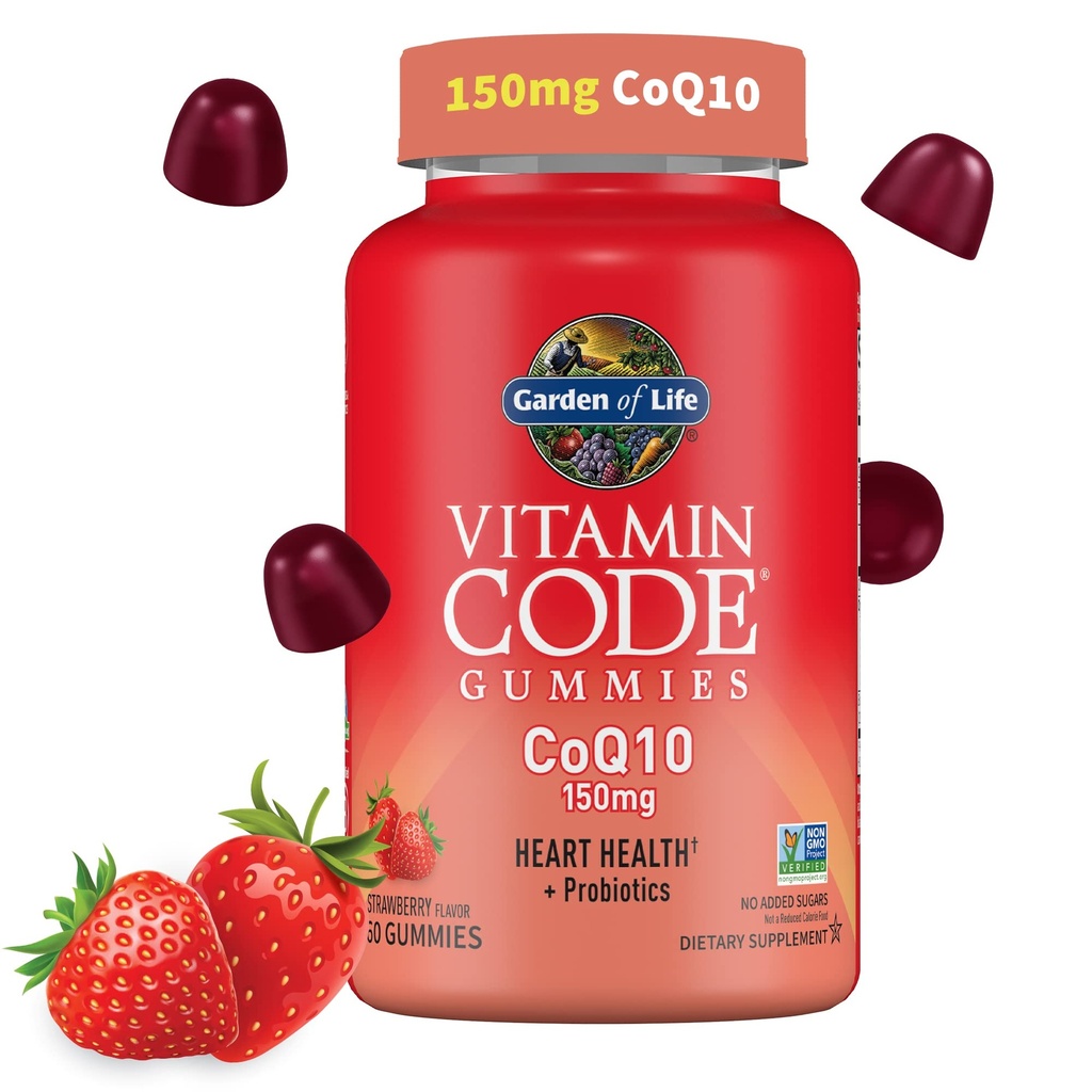 Livshage Vitaminkode CoQ10 Gummies 150 mg, Coenzym Q10 for hjerte helse, energiproduksjon og sunn aldring + Prebiotika og probiotika for digestion, ikke-GMO, Glutenfri, 60 Jordbær Gummies