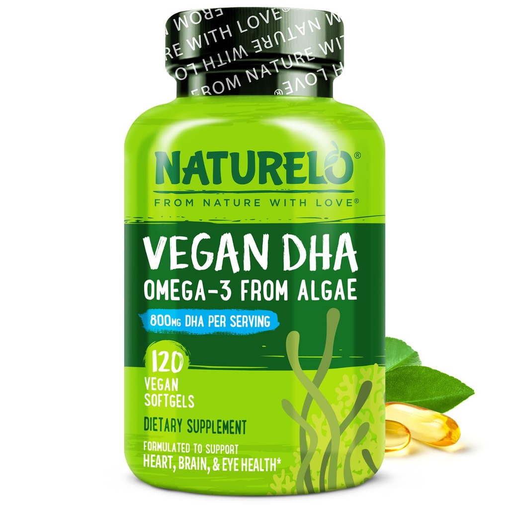 NATURELO Vegan DHA - Omega 3 Olje fra Algae - Supplement for hjerne, hjerte, felles, øye helse - gir essensielle fettsyrer for kvinner menn og barn - Komplements Prenatal vitaminer - 120 Softgels